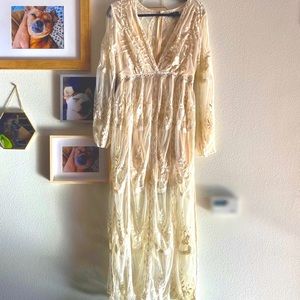 PEONY LONG SLEEVE LACE MAXI ROMPER - NATURAL